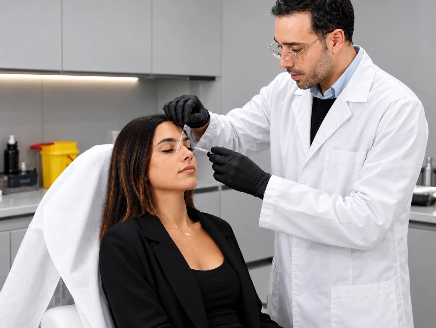 El médico infiltra el tercio medio facial de la paciente, de pie junto a la camilla.